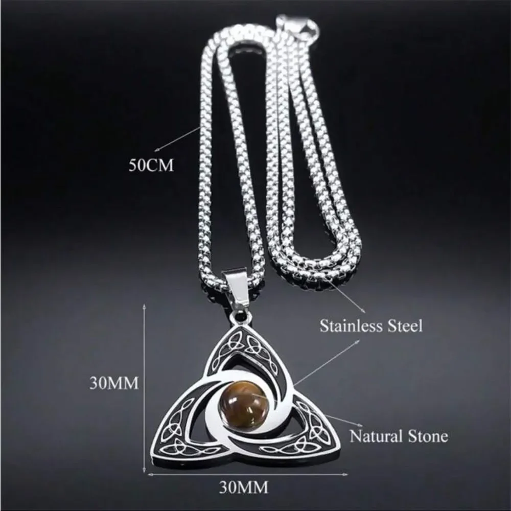 Viking Trinity Knot Necklace Stainless Steel Tiger Eye Witch‎ Irish Celtic